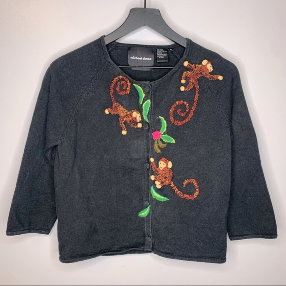 Michael Simon Black Beaded Embroidered Monkey Cardigan Sweater Size‎ M